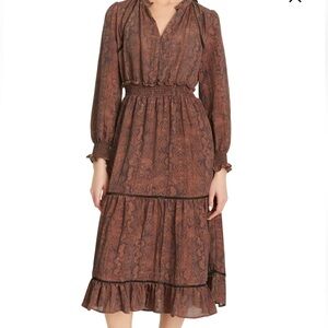 Sam Edelman Maya Trimmed Tiered Long Sleeve Midi Dress Brown Patterned. Sz L NWT